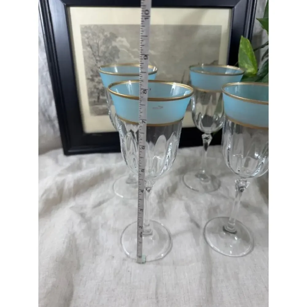 Vintage Frosted Teal Blue & Gold Rimmed Wine Glass Set of 4